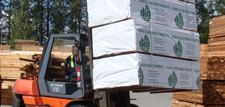 Forklift carrying Cedar Island products